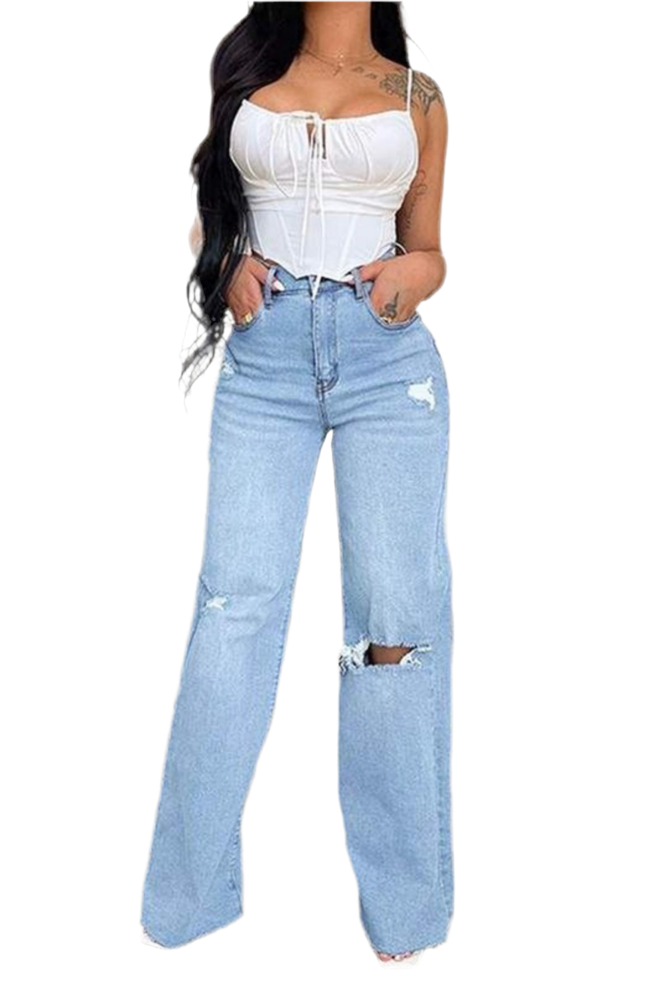 LIGHT WASH CUTOUT JEANS